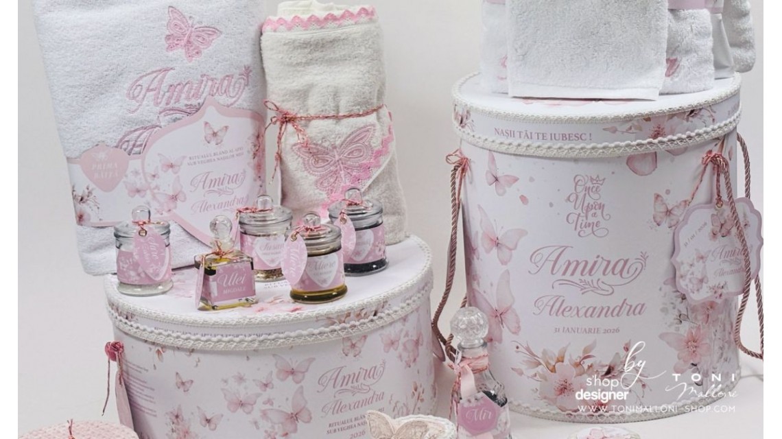 Set prima băiță cu nasii dupa botez cu fluturi roz Pink Butterfly Ritualul blând al apei pentru fetițe 19